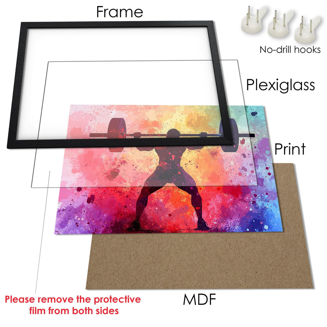 Framed Poster featuring a weightlifter in a watercolor style, vibrant red, purple, and yellow color palette. Perfect for home decor!
