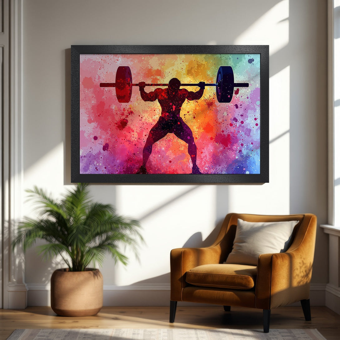 Framed Poster of weightlifter in watercolor style, vibrant, colorful art for home gym or fitness decor.