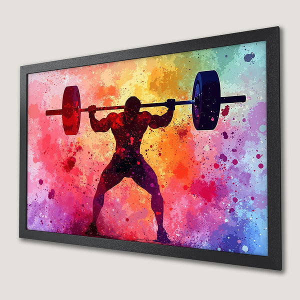 Framed Poster featuring a weightlifter silhouette with a vibrant, colorful watercolor splash background. Perfect for gym decor!