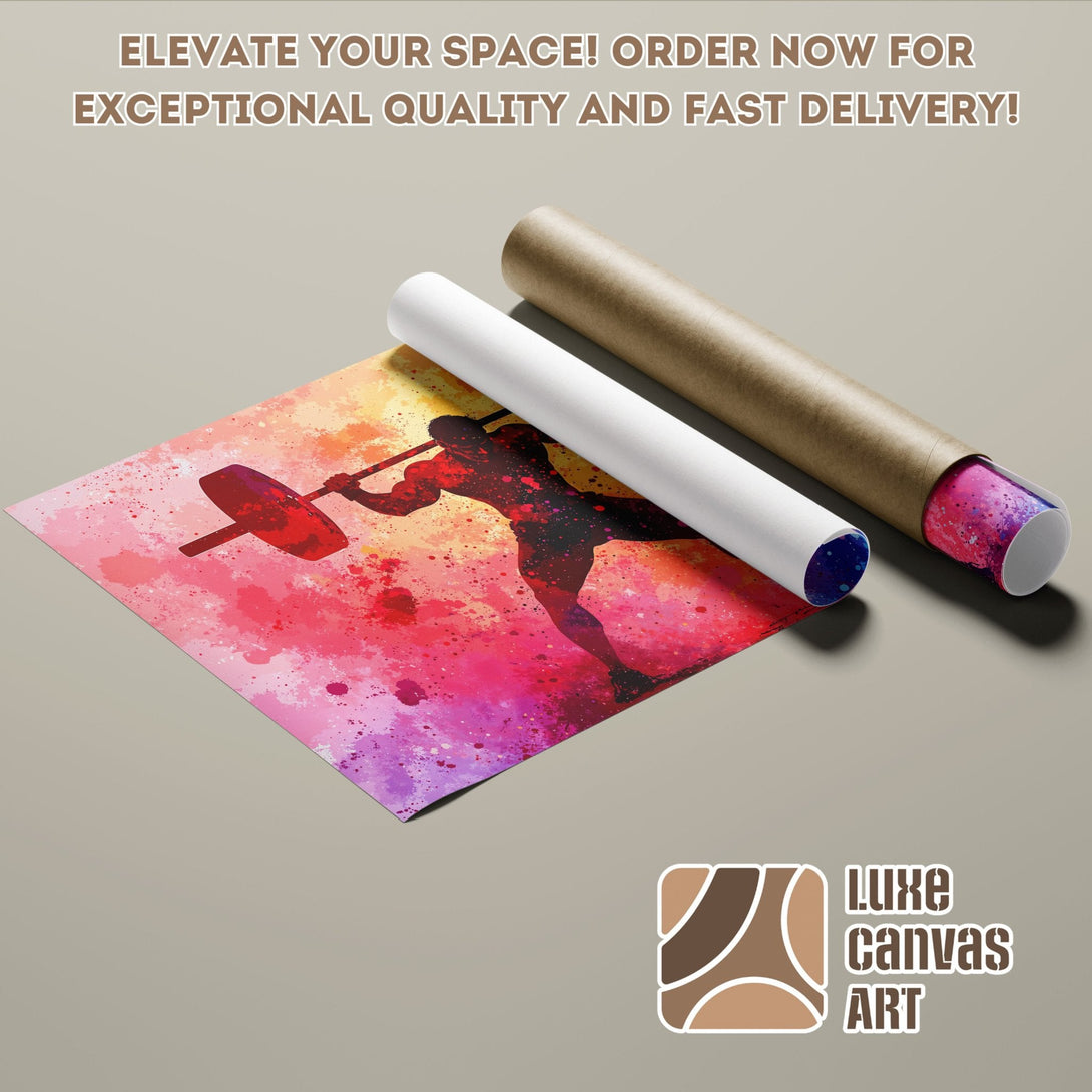 Abstract weightlifter Poster Roll in vibrant pink, red, and purple colors. Elevate your space!