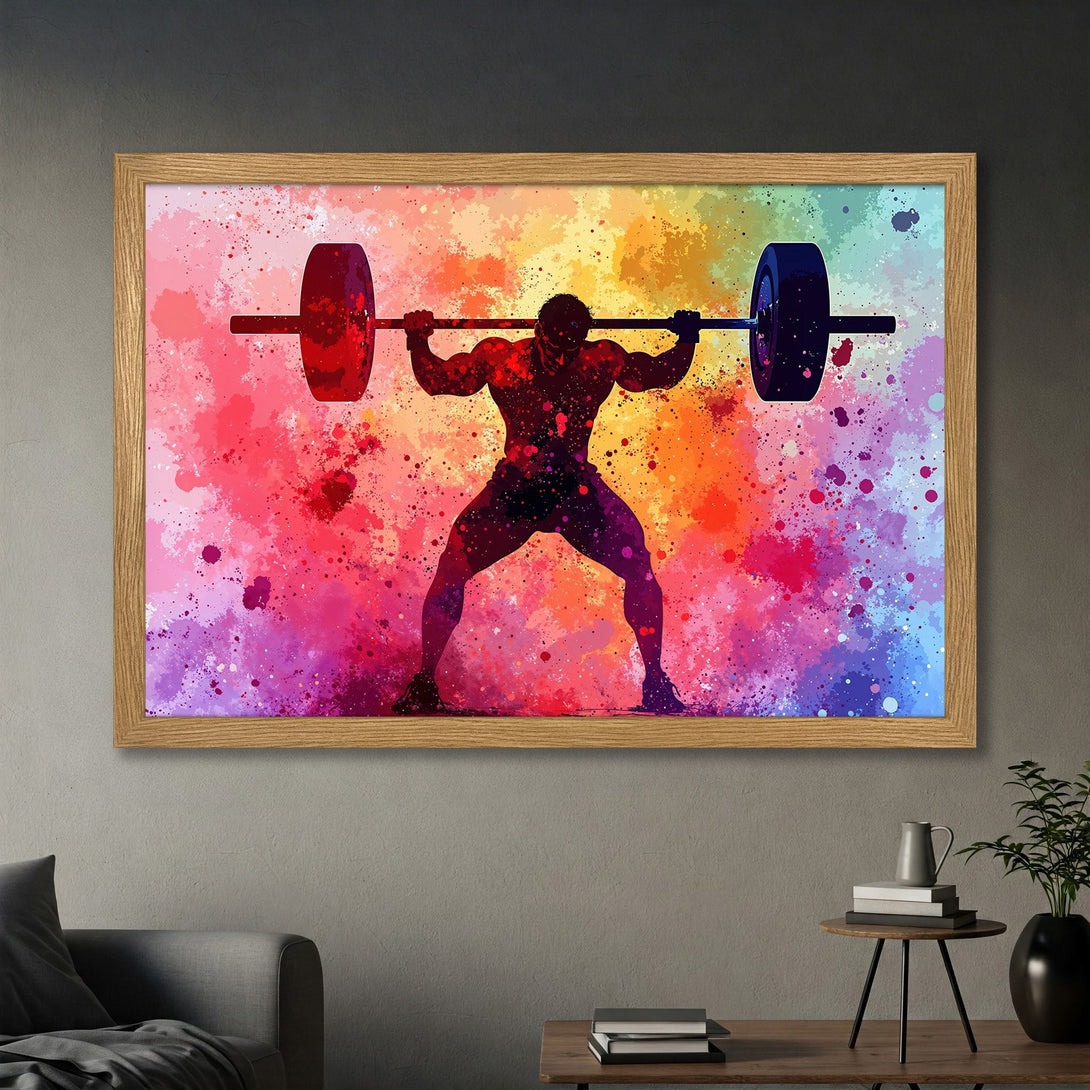 Framed Poster: Weightlifter silhouette art with vibrant watercolor splash background. Bold colors and dynamic style. Perfect for gym or home decor.