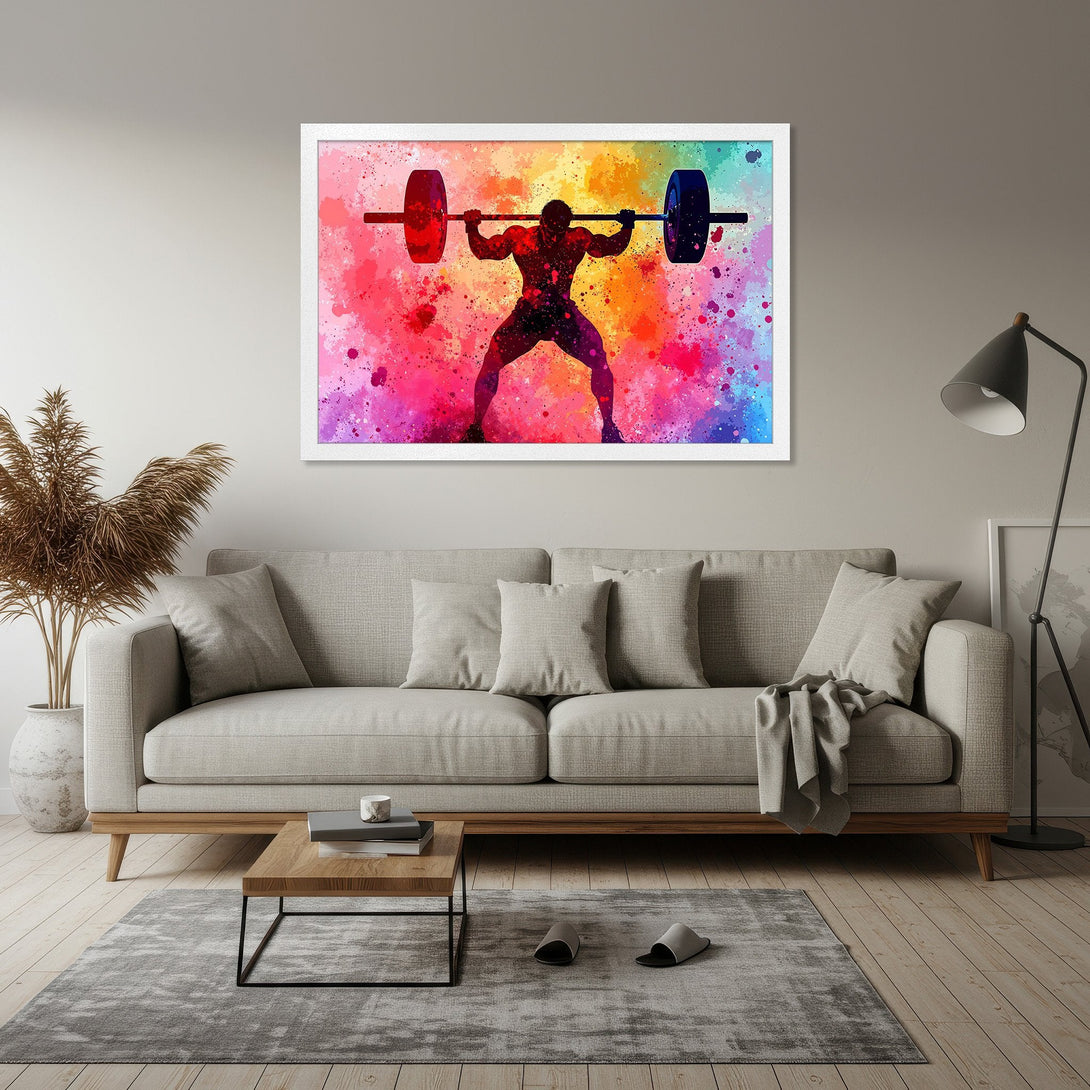 Framed Poster featuring a weightlifter in watercolor style with a vibrant, colorful splash background. Perfect for gym or home decor!