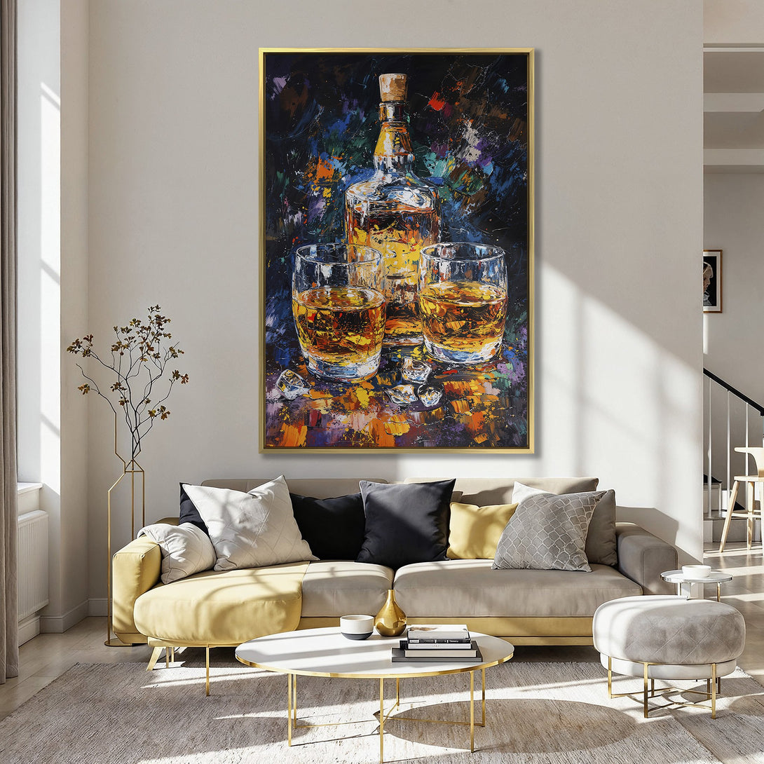 Canvas Print of whiskey still life in an abstract style with warm, vibrant colors. Perfect wall art for kitchen or bar decor.