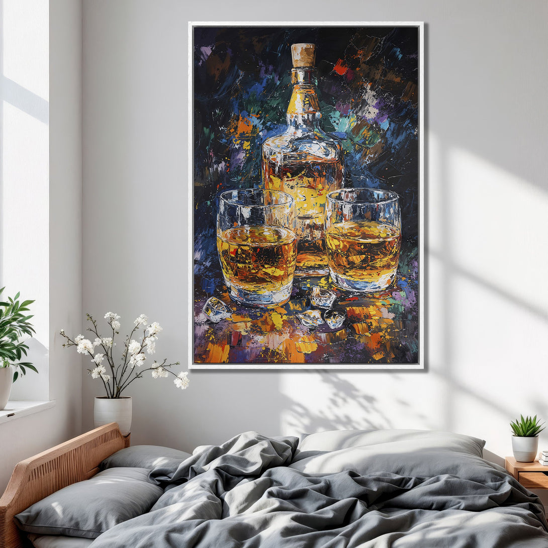Framed Wall Art: Abstract whiskey painting in warm tones. Perfect for adding a touch of sophistication to your home decor. Shop now!