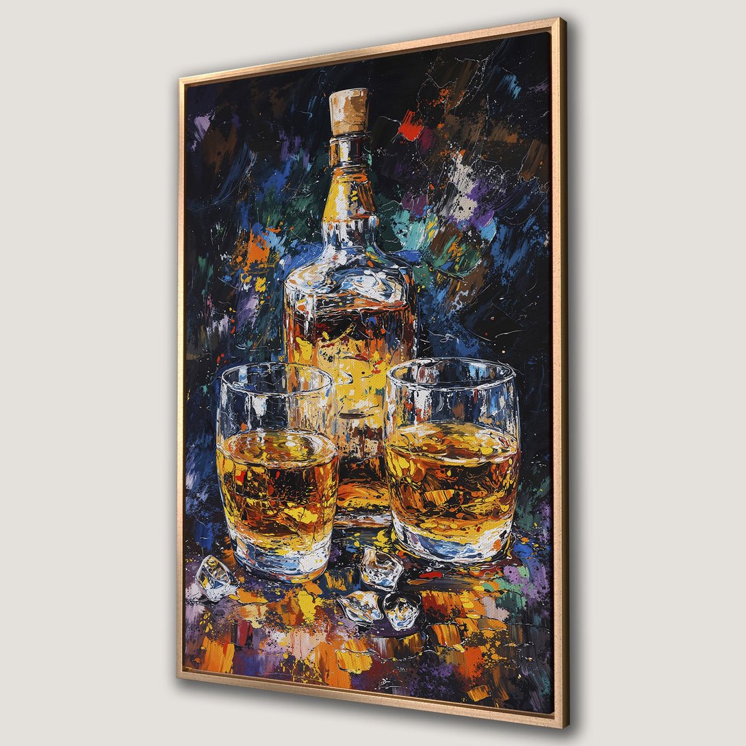 Framed Wall Art: Whiskey still life painting with a vibrant, impressionistic style and a warm, colorful palette. Perfect for home bar decor!