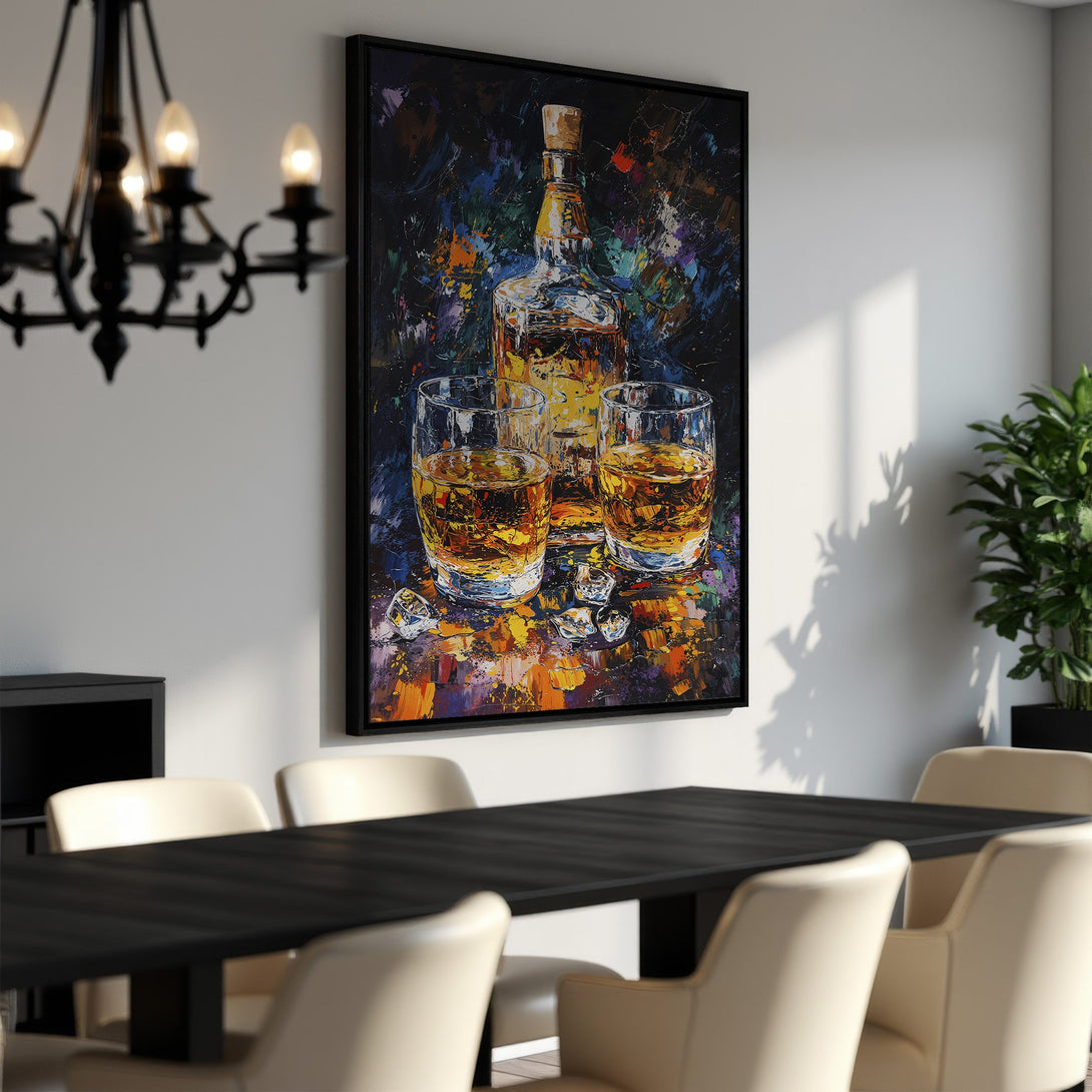 Framed Wall Art: Abstract whiskey painting with warm amber and vibrant color palette. Perfect for adding a touch of sophistication to your dining room.