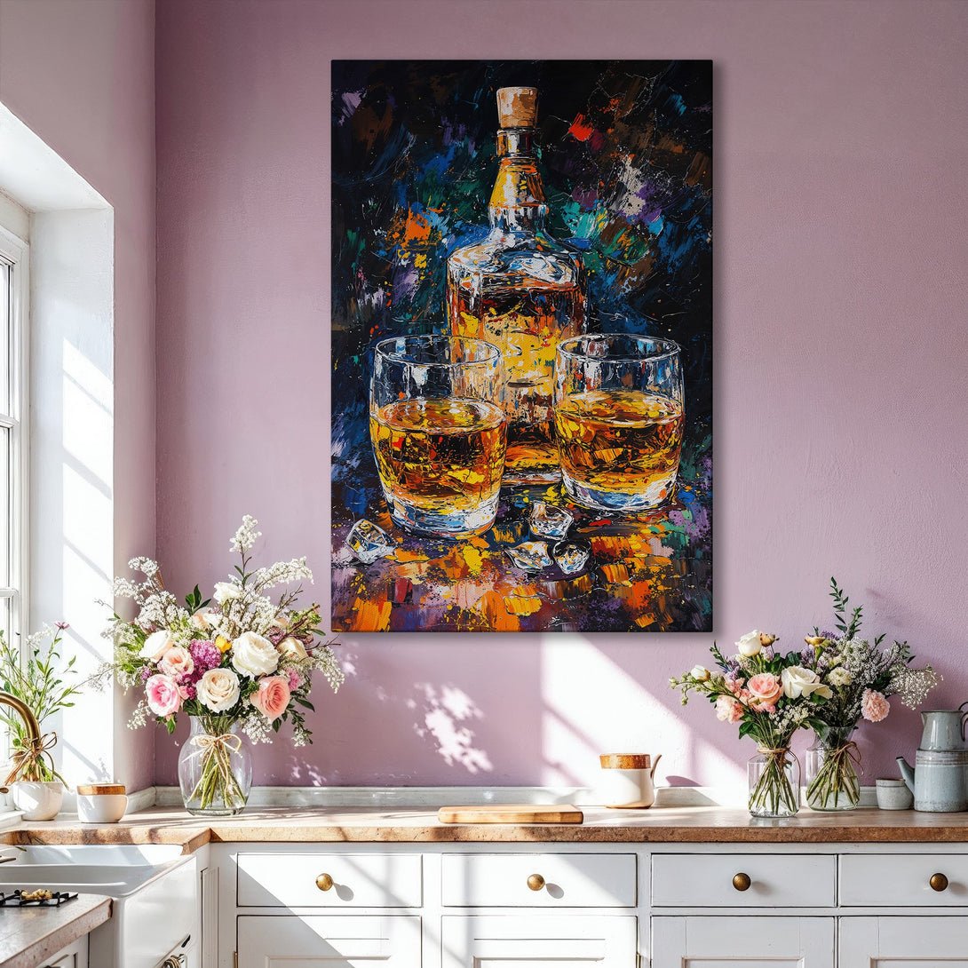 Framed Wall Art: Vibrant whiskey still life painting in a modern interior. Rich, colorful palette with gold frame. Perfect for home decor.