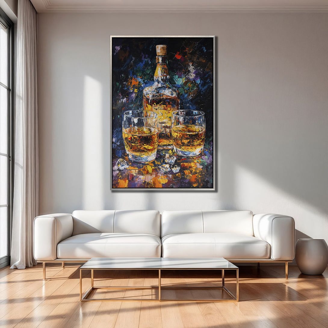 Framed Wall Art: Whiskey still life painting with warm, vibrant colors. Perfect for adding a touch of sophistication to your home decor.