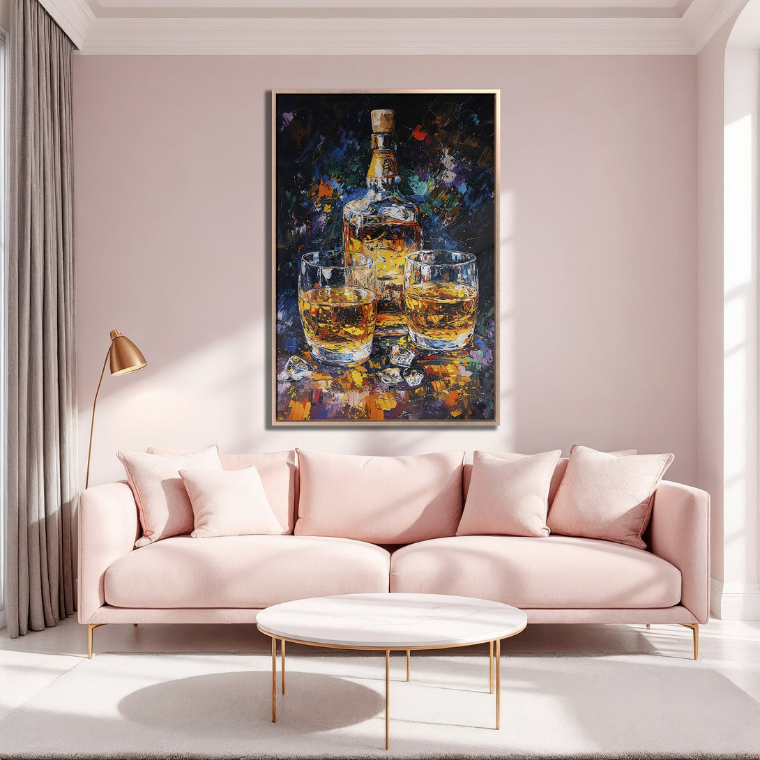 Framed Wall Art: Whiskey bottle and glasses painting in a modern style. Warm gold, amber, and dark blue color palette, perfect for home decor.