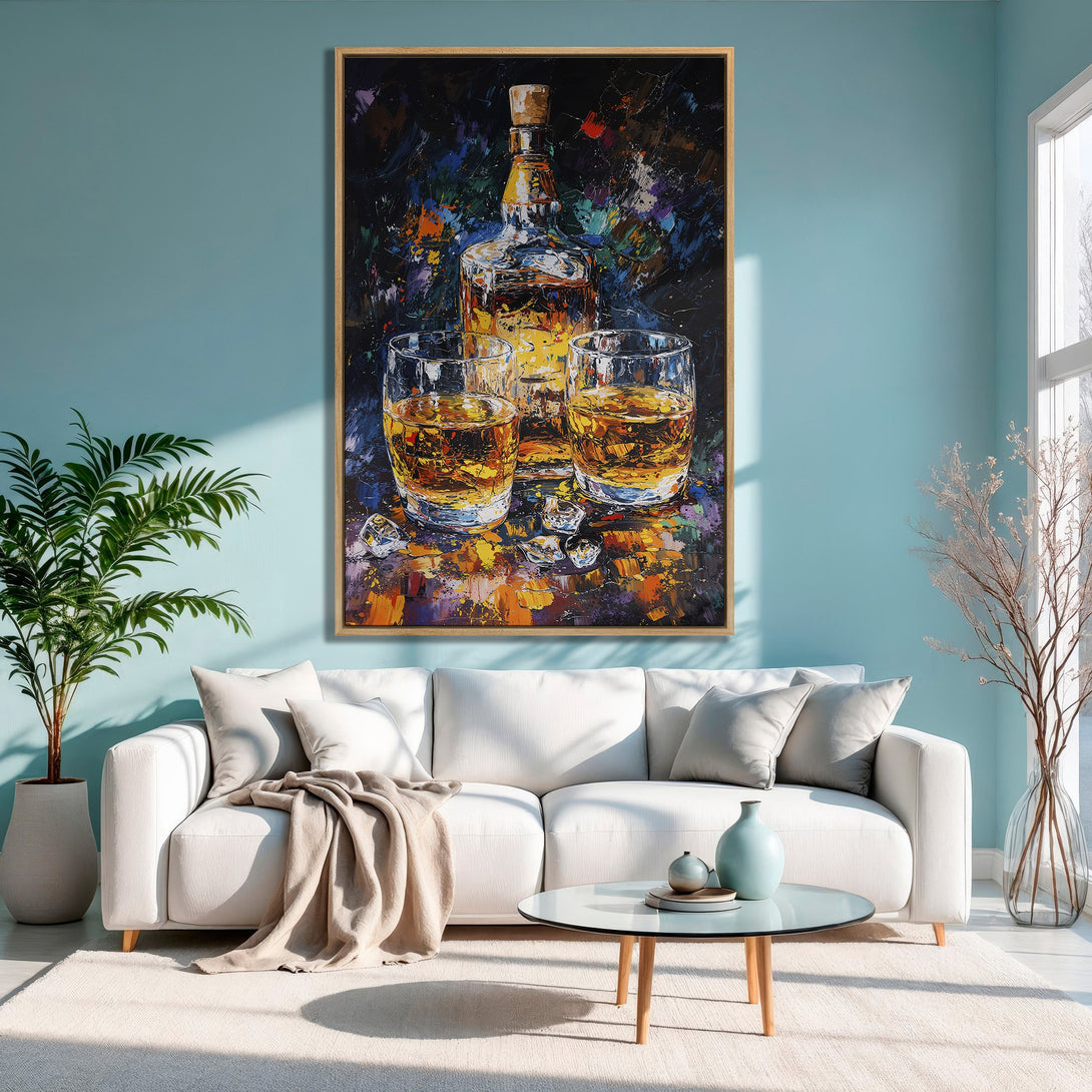 Framed Wall Art: Whiskey still life painting with warm amber and dark blue tones. Adds a touch of elegance to any room.