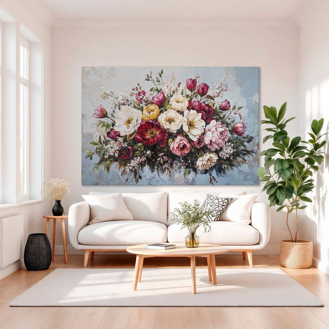 Framed Wall Art of vibrant floral bouquet in a luxury interior. Featuring a colorful palette of reds, pinks, yellows, and greens. Perfect home decor.
