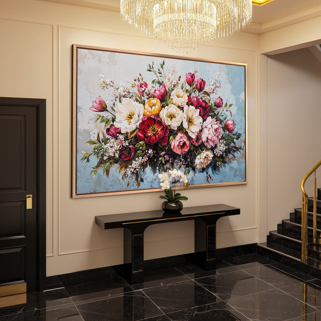 Framed Wall Art: Stunning floral Canvas Print in a modern interior. Featuring a colorful bouquet with a blue, red, and cream color palette. Elevate your space!