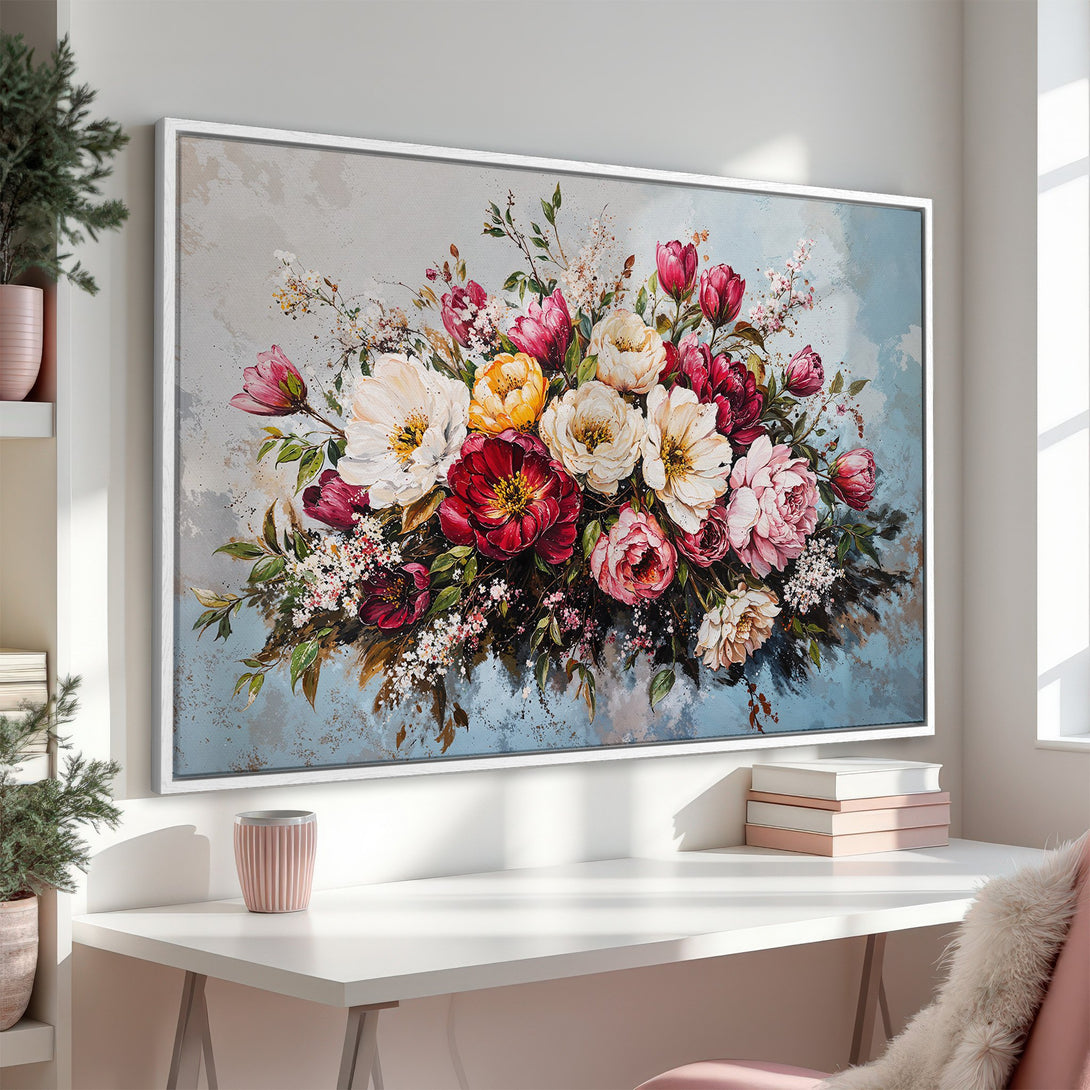 Framed Wall Art: Stunning floral Canvas Print in vibrant red, pink, and yellow hues. Adds a touch of elegance to any space with its artistic style.