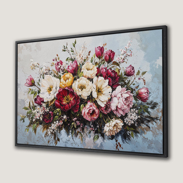 Framed Wall Art featuring a vibrant floral bouquet in a painterly style. Rich reds, pinks, and creams pop against a soft blue background.