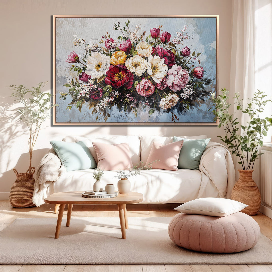 Framed Wall Art: Floral painting with a vibrant mix of red, pink, and yellow blooms. Adds a touch of elegance and color to any living room.