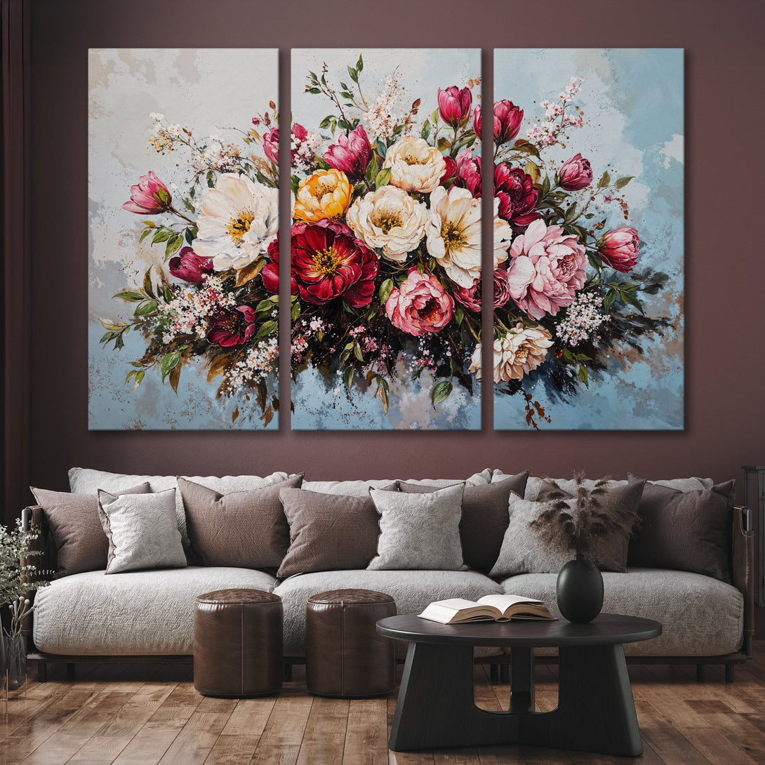 Canvas Print of a vibrant floral painting in a modern interior. Features a bold, colorful palette of reds, pinks, and yellows. Perfect wall art!