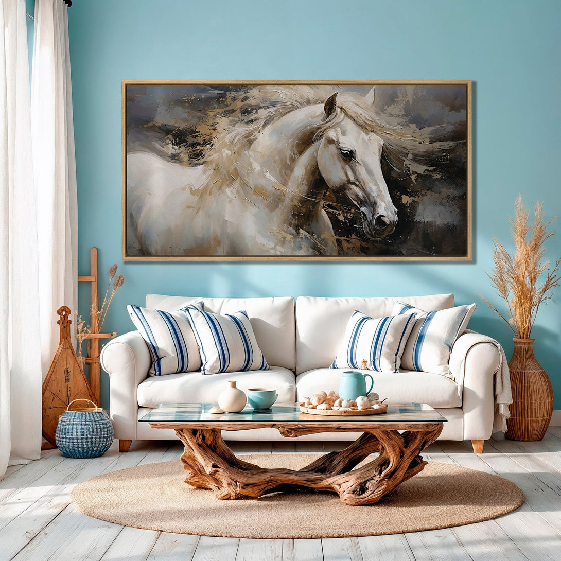 Framed Wall Art: Stunning white horse painting in a modern interior. Neutral & blue color palette creates a calming, stylish living room aesthetic.