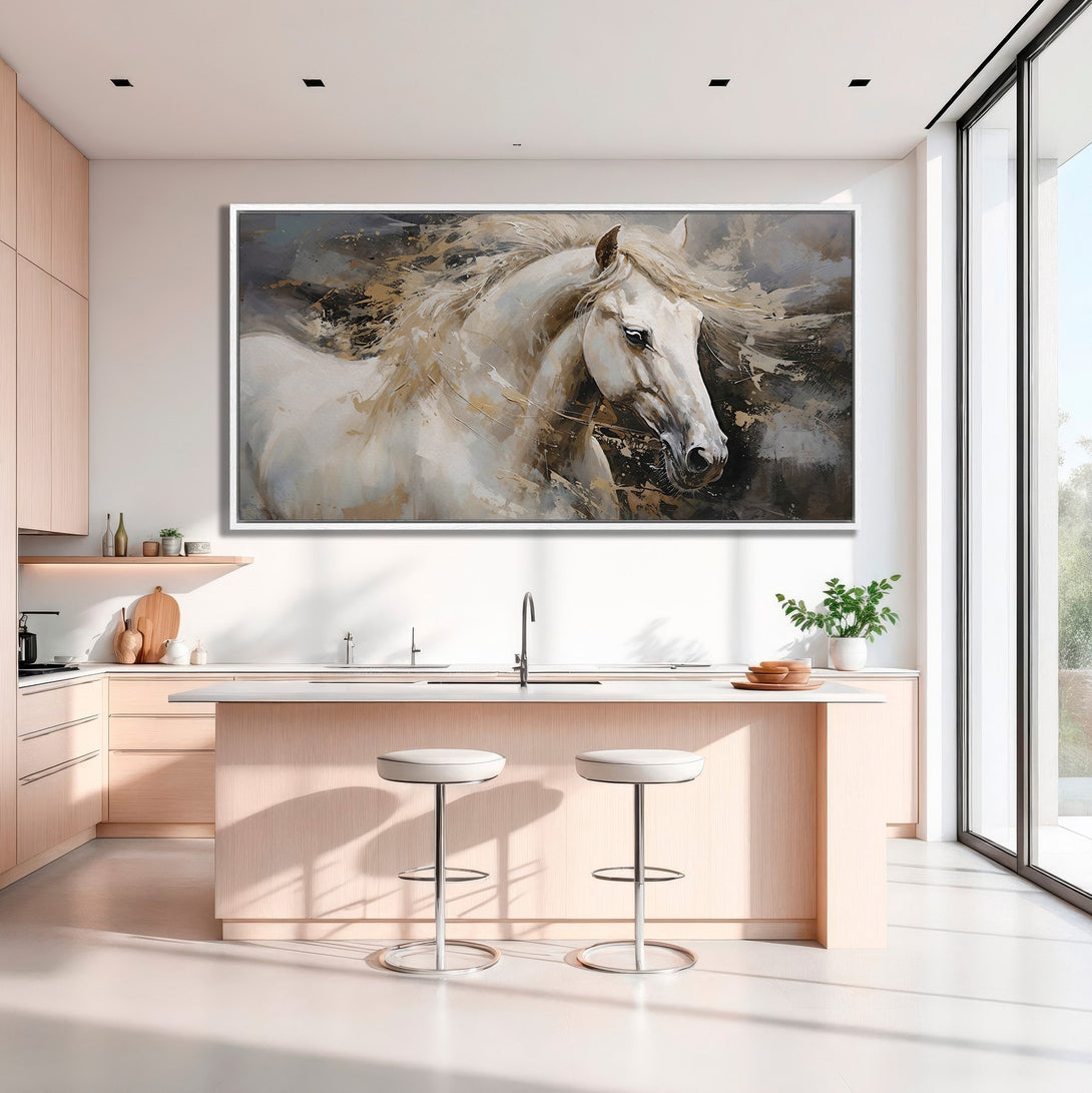 Framed Wall Art: Stunning white horse painting in a modern kitchen. Neutral color palette with artistic brushstrokes. Elevate your space!