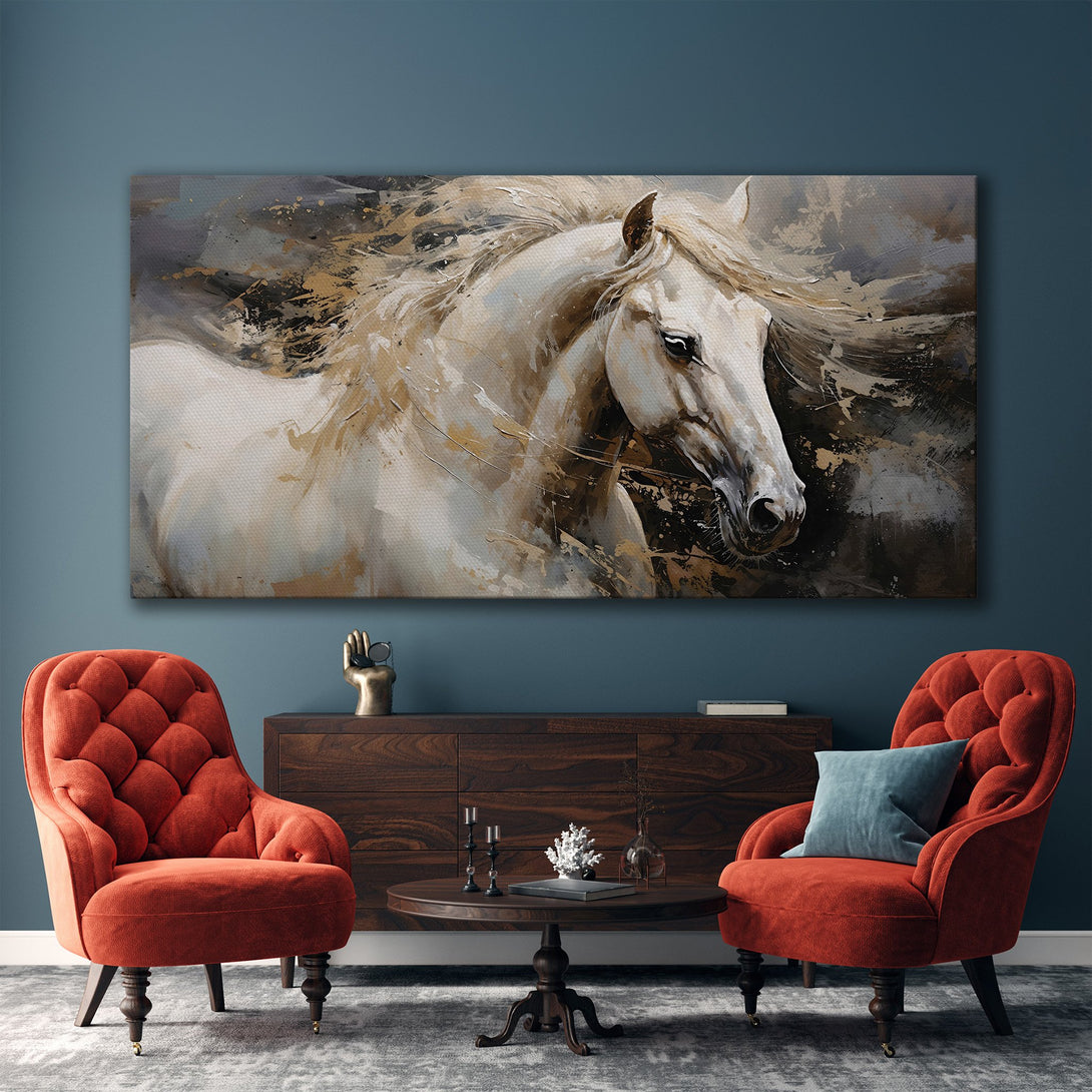 Framed Wall Art: Stunning white horse painting in a modern abstract style. Neutral color palette complements any decor. Elevate your space with this elegant artwork.