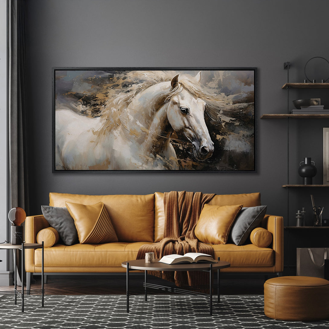 Framed Wall Art of a majestic white horse in an abstract style. Earthy tones of brown and gold complement the dark interior. Elevate your space!