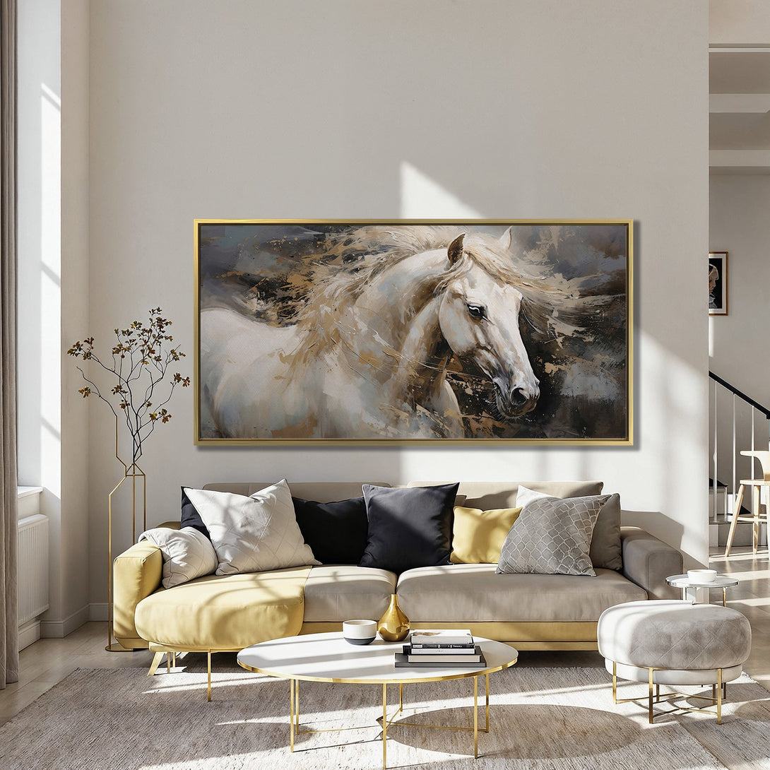 Canvas Print of a majestic white horse, abstract art style, with a neutral and gold color palette. Perfect wall decor!