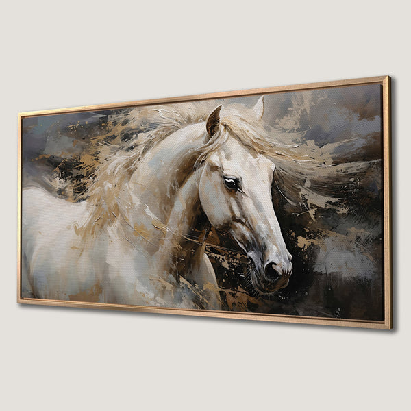 Framed Wall Art: Stunning white horse painting with abstract style. Neutral color palette of beige, brown, and black. Perfect for modern home decor.