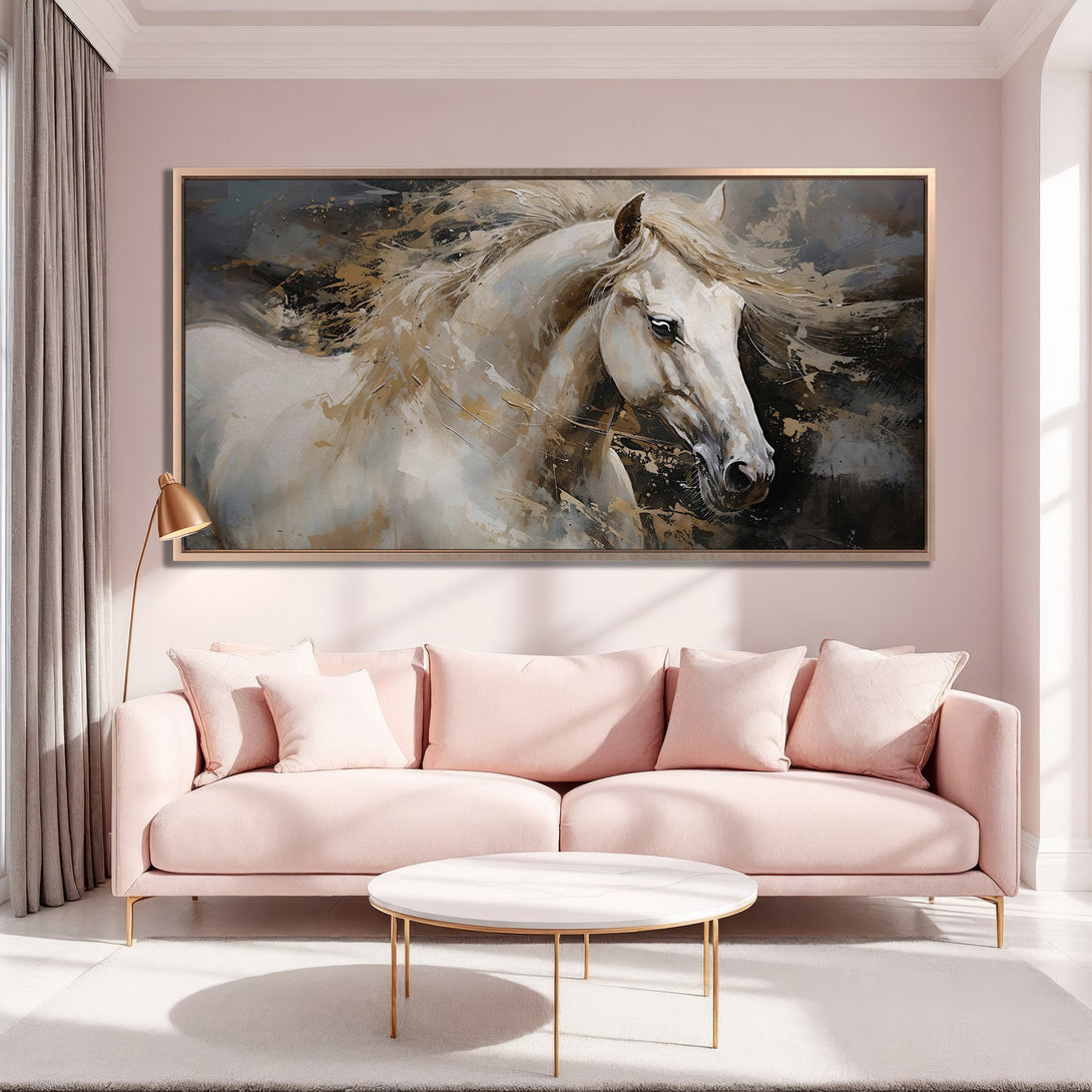 Framed Wall Art of a majestic white horse in an abstract style with a neutral & gold color palette, perfect for elegant home decor.