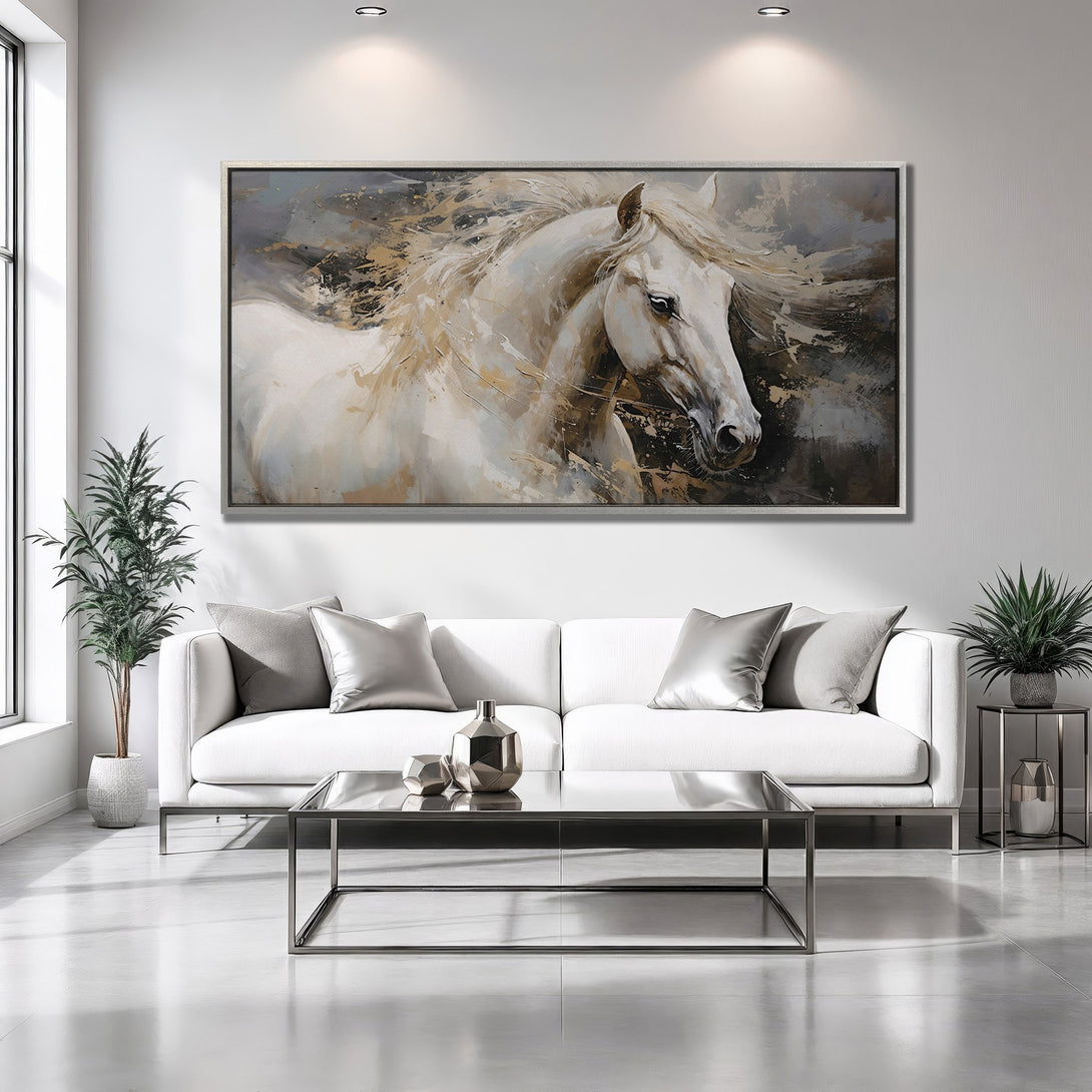 Framed Wall Art: Majestic white horse painting in a modern interior. Abstract style with neutral color palette, perfect for living room decor.
