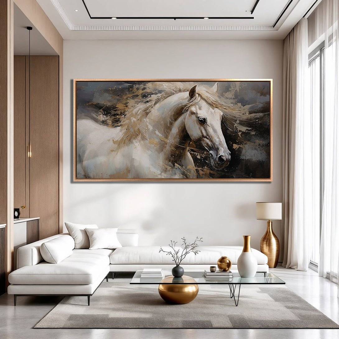 Framed Wall Art: Stunning white horse painting in a modern living room. Abstract style with neutral and gold tones. Elevate your space!