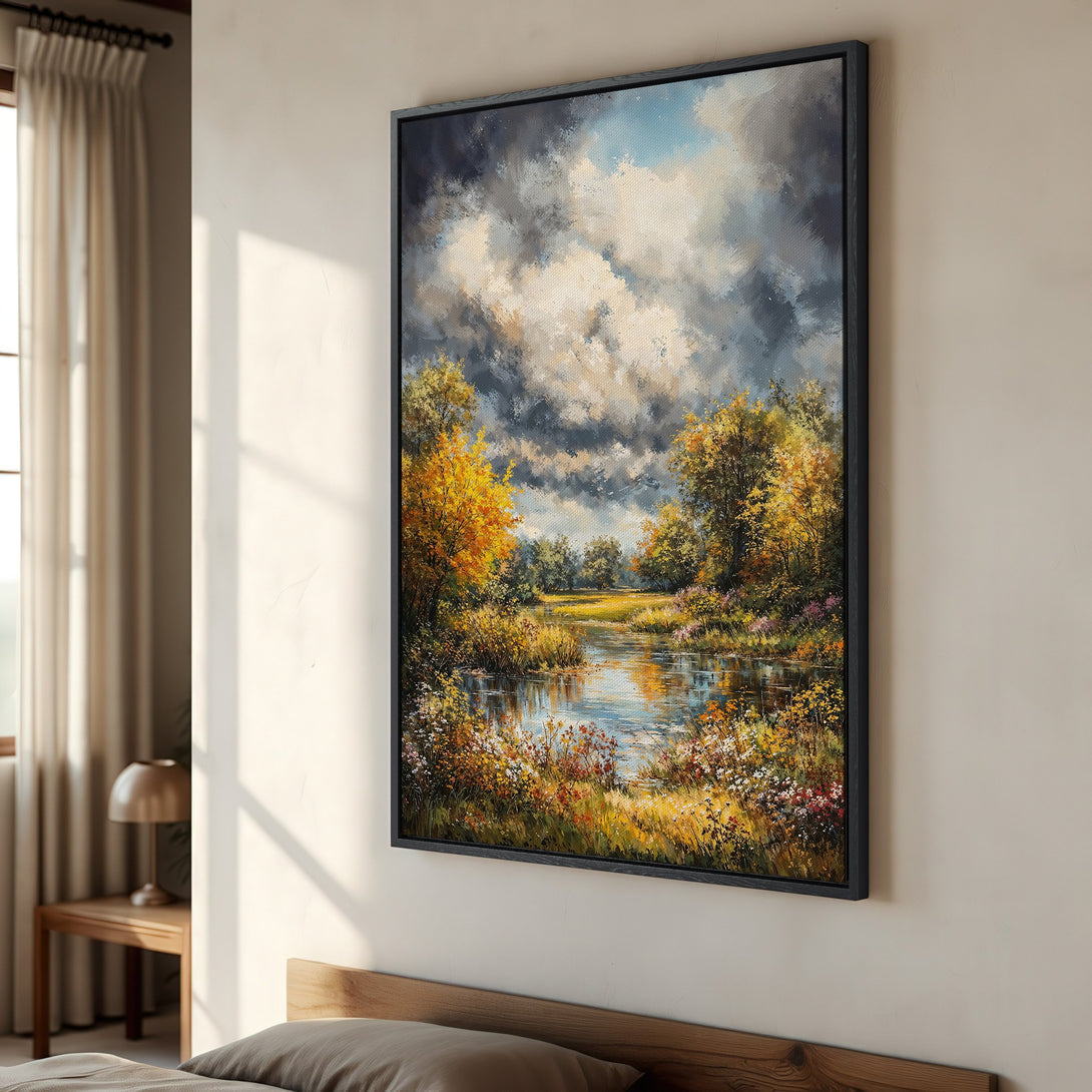 Framed Wall Art: Stunning landscape Canvas Print with a dramatic sky, vibrant autumn colors, and a serene river scene. Perfect for adding elegance to any room!