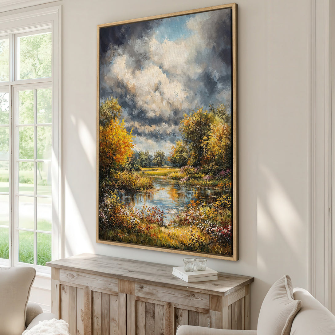 Framed Wall Art: Landscape Canvas Print with a serene river scene, featuring autumn colors and a dramatic sky. Perfect for adding warmth and style to your home.