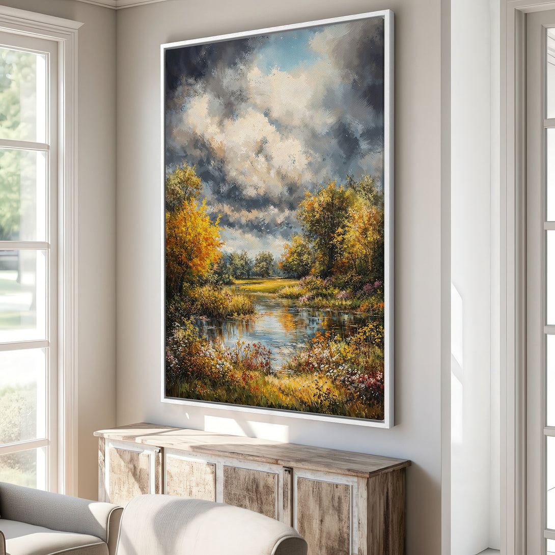 Framed Wall Art: Landscape Canvas Print of a serene river scene. Impressionistic style with warm yellows, blues, and greens. Perfect for living room decor.