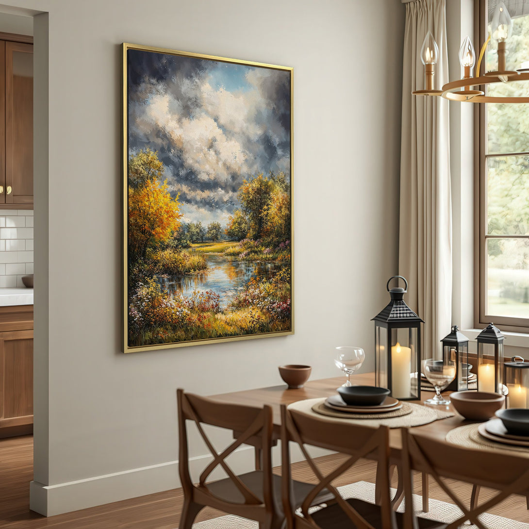 Canvas Print of a serene landscape painting with a pond, featuring a warm, earthy color palette. Perfect for adding a touch of nature to your home.