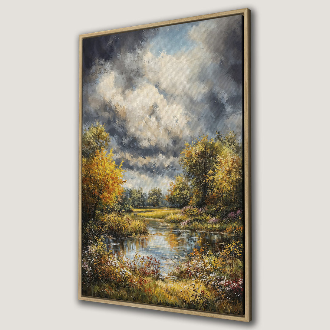 Framed Wall Art: Impressionist landscape painting with a river, trees, and dramatic sky in warm, earthy tones. Perfect for adding nature's beauty to your space.