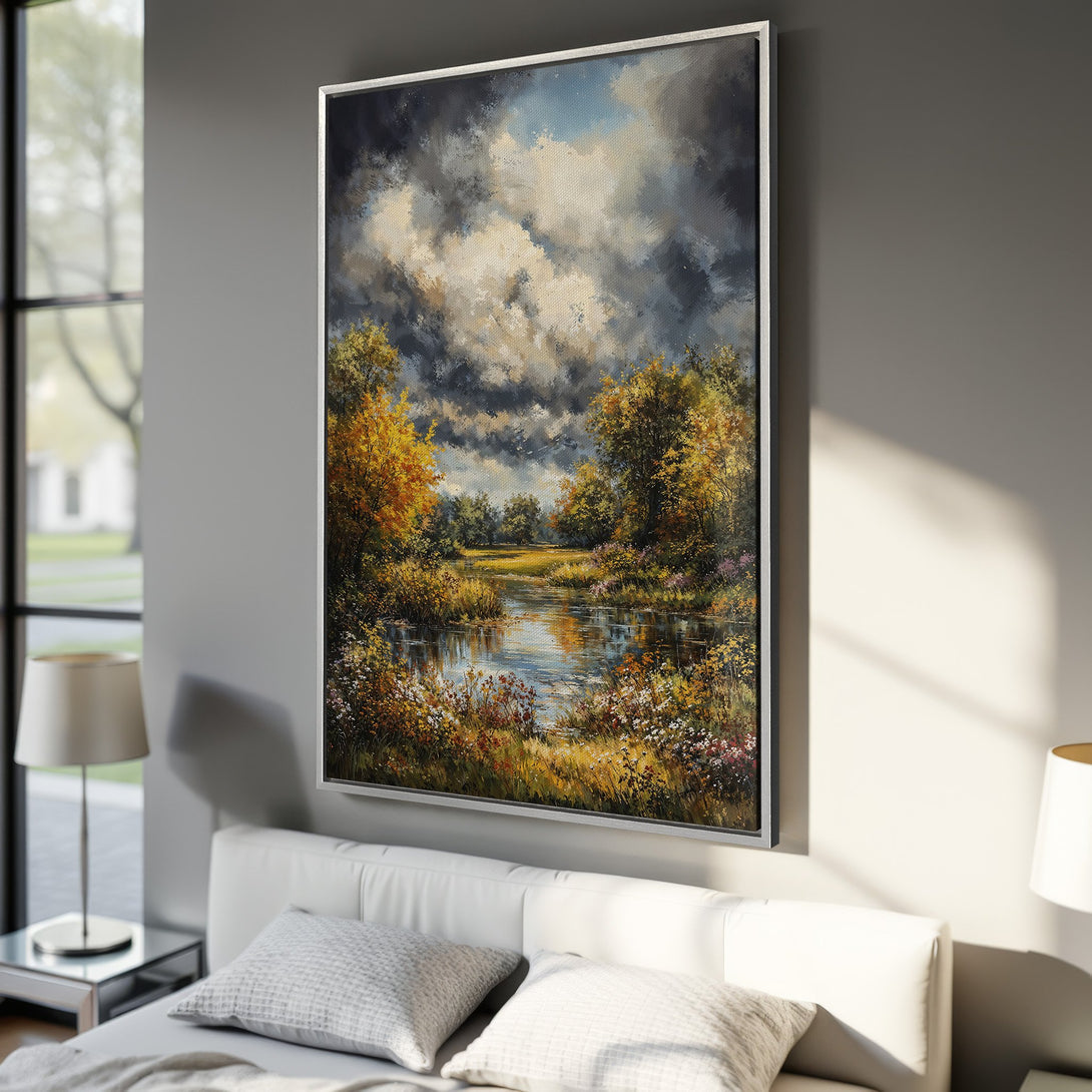 Framed Wall Art: Landscape Canvas Print with a serene river scene, featuring warm yellow and green hues under a dramatic sky. Perfect for any home decor.