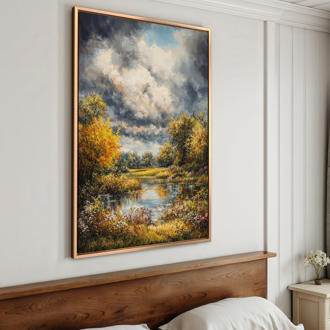 Framed Wall Art: Landscape painting with vibrant autumn colors. Dramatic sky and serene water. Bring nature's beauty indoors with this stunning canvas print.