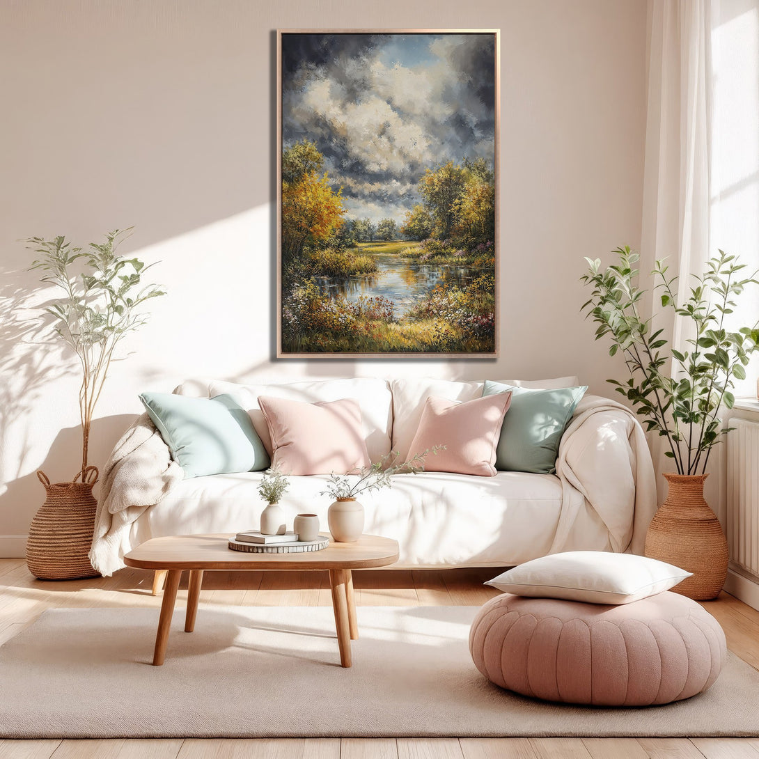 Framed Wall Art: Landscape painting in a living room. Features a serene river scene with a warm, neutral color palette. Perfect for adding a touch of nature.