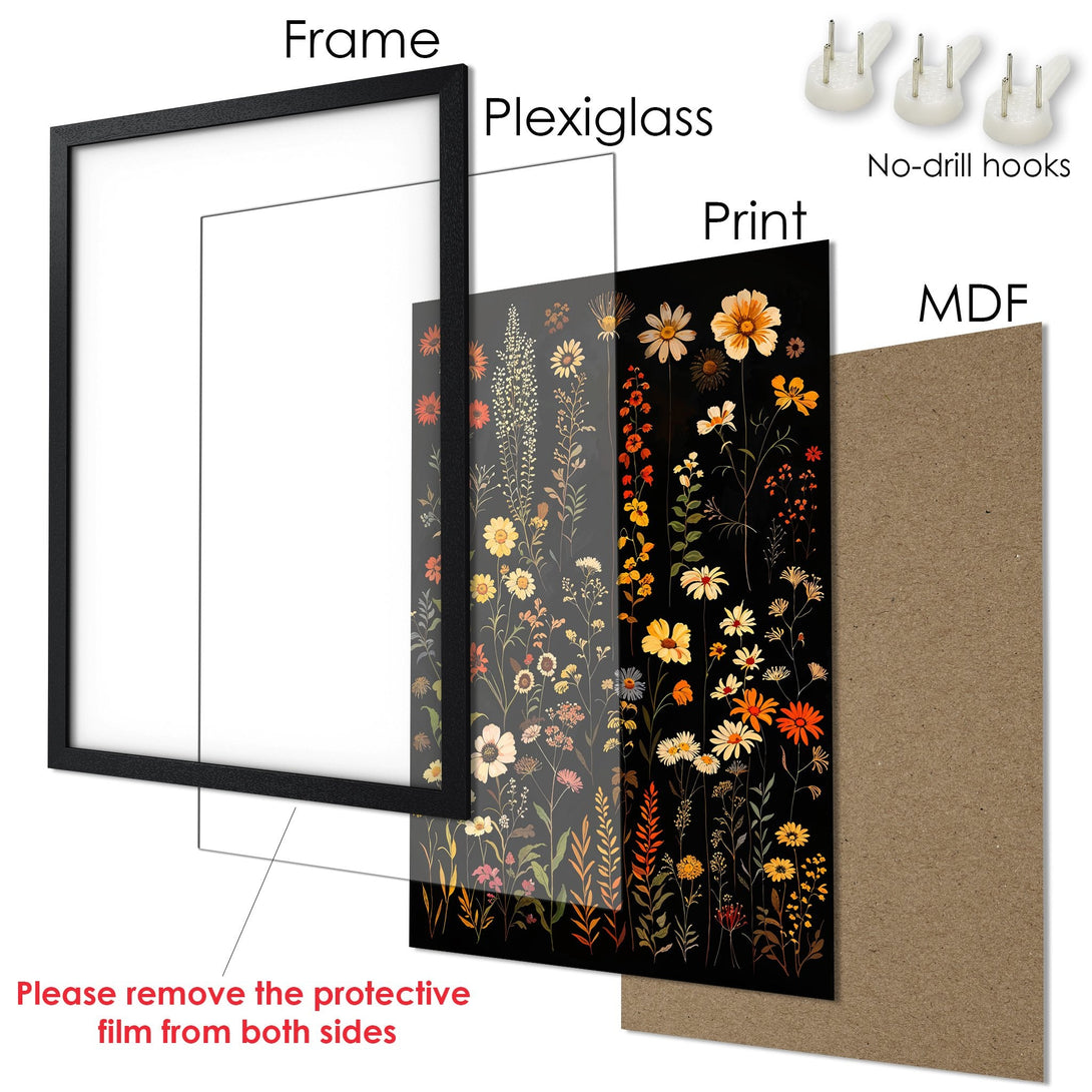 Framed Poster featuring floral art with a black background, warm color palette, and a modern style. Perfect wall decor!
