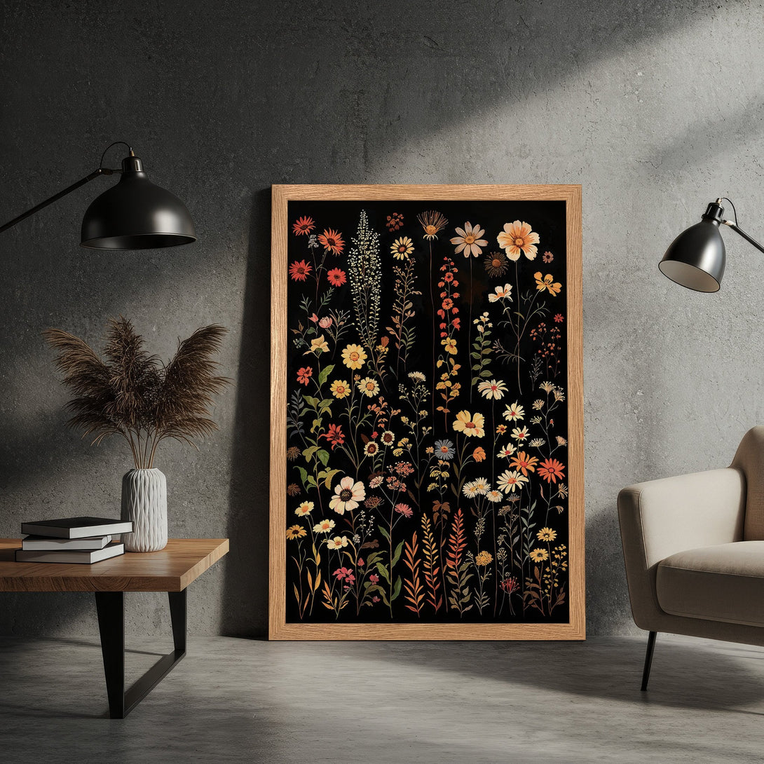 Framed Poster featuring botanical illustration of wildflowers in warm tones against a black background, perfect for home decor.
