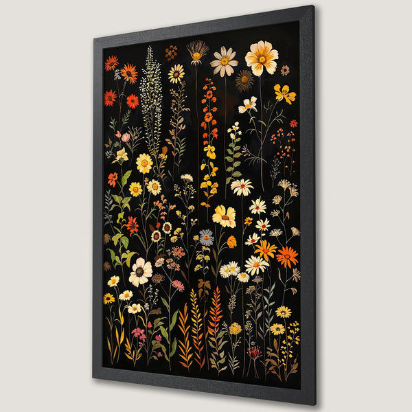 Framed Poster featuring botanical illustration of wildflowers in yellow, orange, and white against a black background. Perfect wall art!