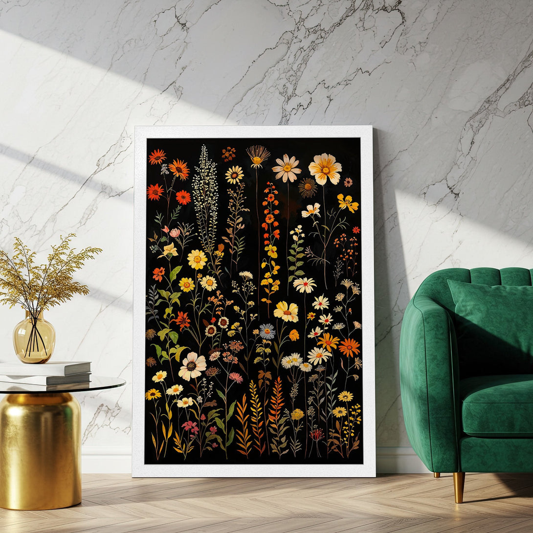 Framed Poster featuring a botanical illustration of colorful wildflowers on a black background. A beautiful art print with a warm, earthy color palette.