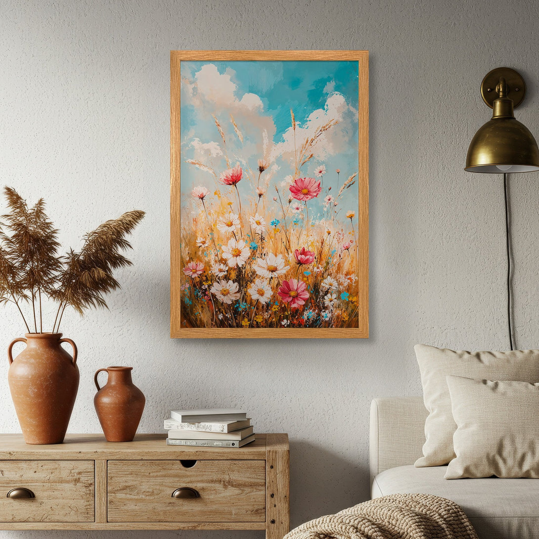 Framed Poster featuring a vibrant floral meadow painting in a light, airy style with a warm color palette. Perfect wall art!