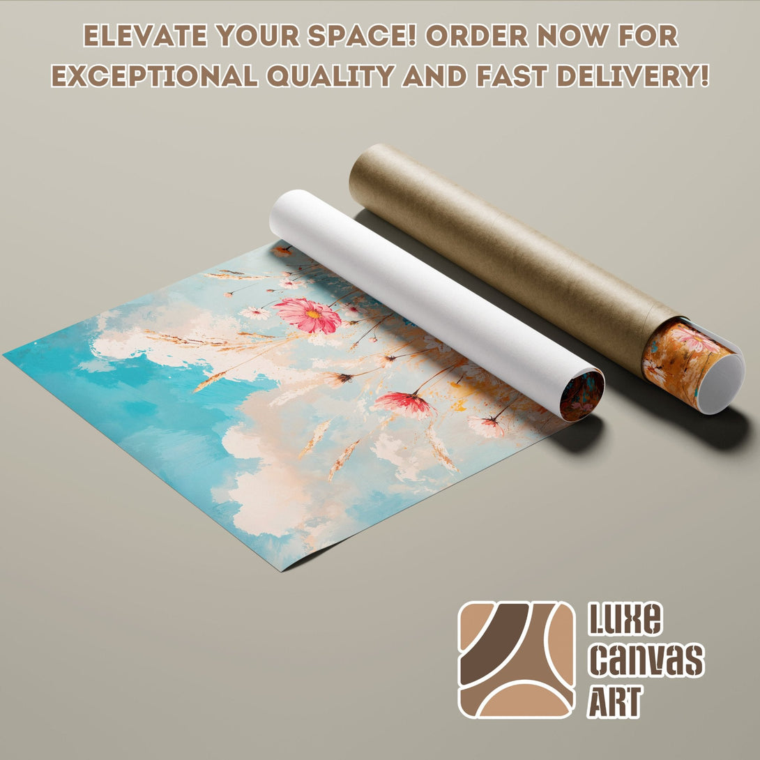 Poster Roll with floral art. Watercolor style, blue, pink, and beige color palette. Elevate your space!