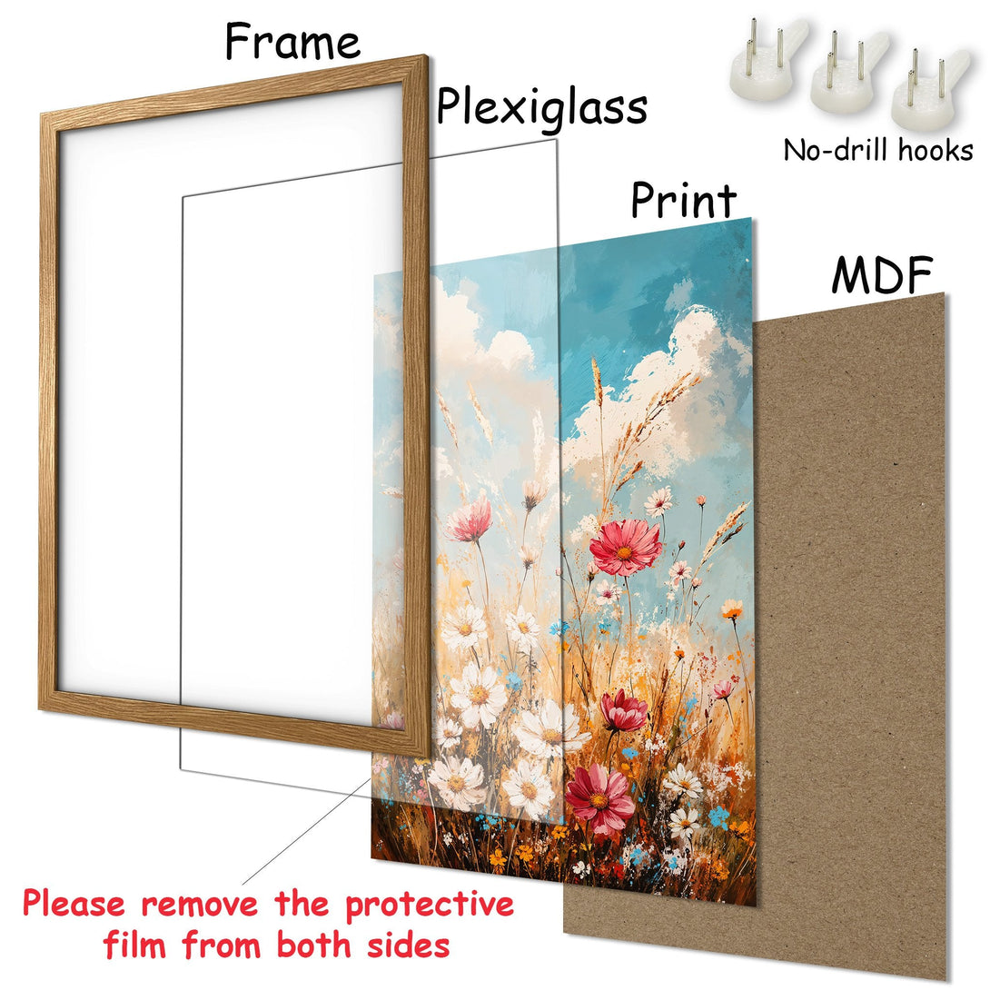 Framed Poster featuring a floral landscape in impressionistic style with a blue, pink, and beige color palette. Add art to your home!
