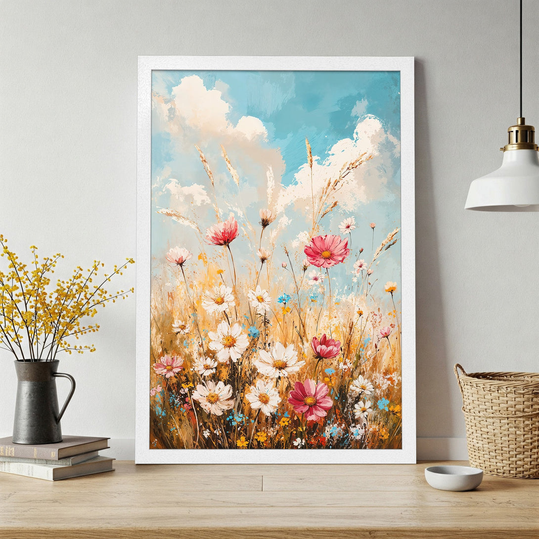 Framed Poster: Floral field artwork in impressionist style, featuring pink, white, and blue hues. Perfect wall art for a touch of nature.