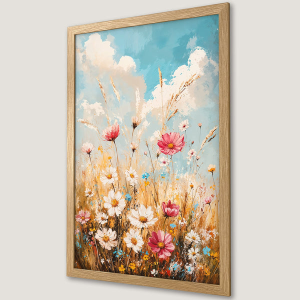Framed Poster featuring a vibrant floral meadow in impressionistic style, with a blue, pink, and yellow color palette. Perfect wall art!