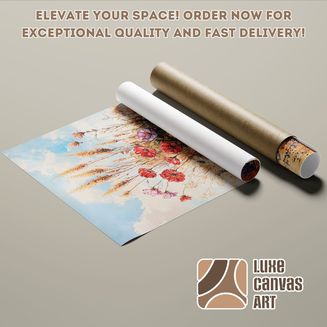 Poster Roll of floral art in a painterly style with red, pink, and blue hues. Elevate your space with Luxe Canvas Art!