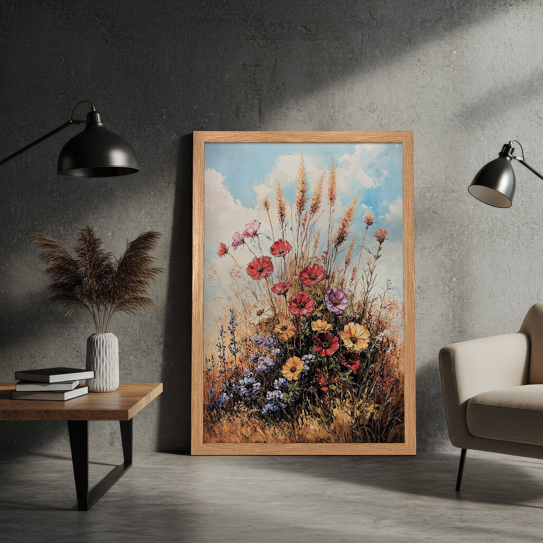 Framed Poster featuring a vibrant floral painting with a warm, earthy color palette. Perfect for adding art and style to any room.