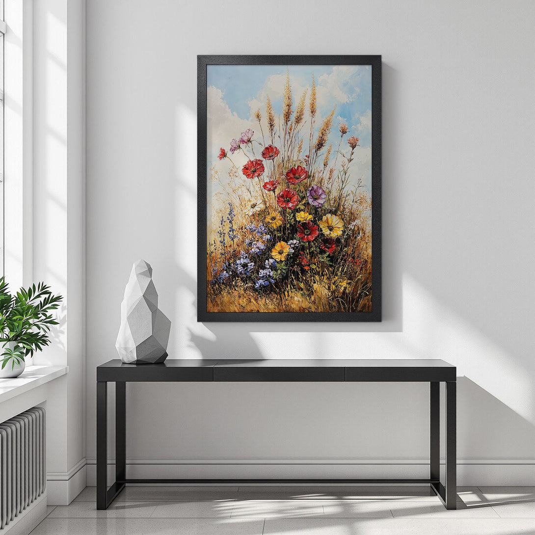 Framed Poster of vibrant wildflowers painting. Artistic style with a colorful palette, perfect wall art for any room.