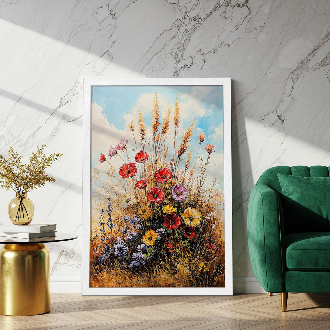 Framed Poster featuring a vibrant floral painting in a warm color palette. Perfect art for home decor, adding a touch of elegance.